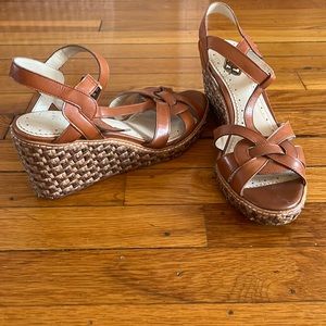 Brooks Brothers leather 3 inch wedge sandals with woven heel.